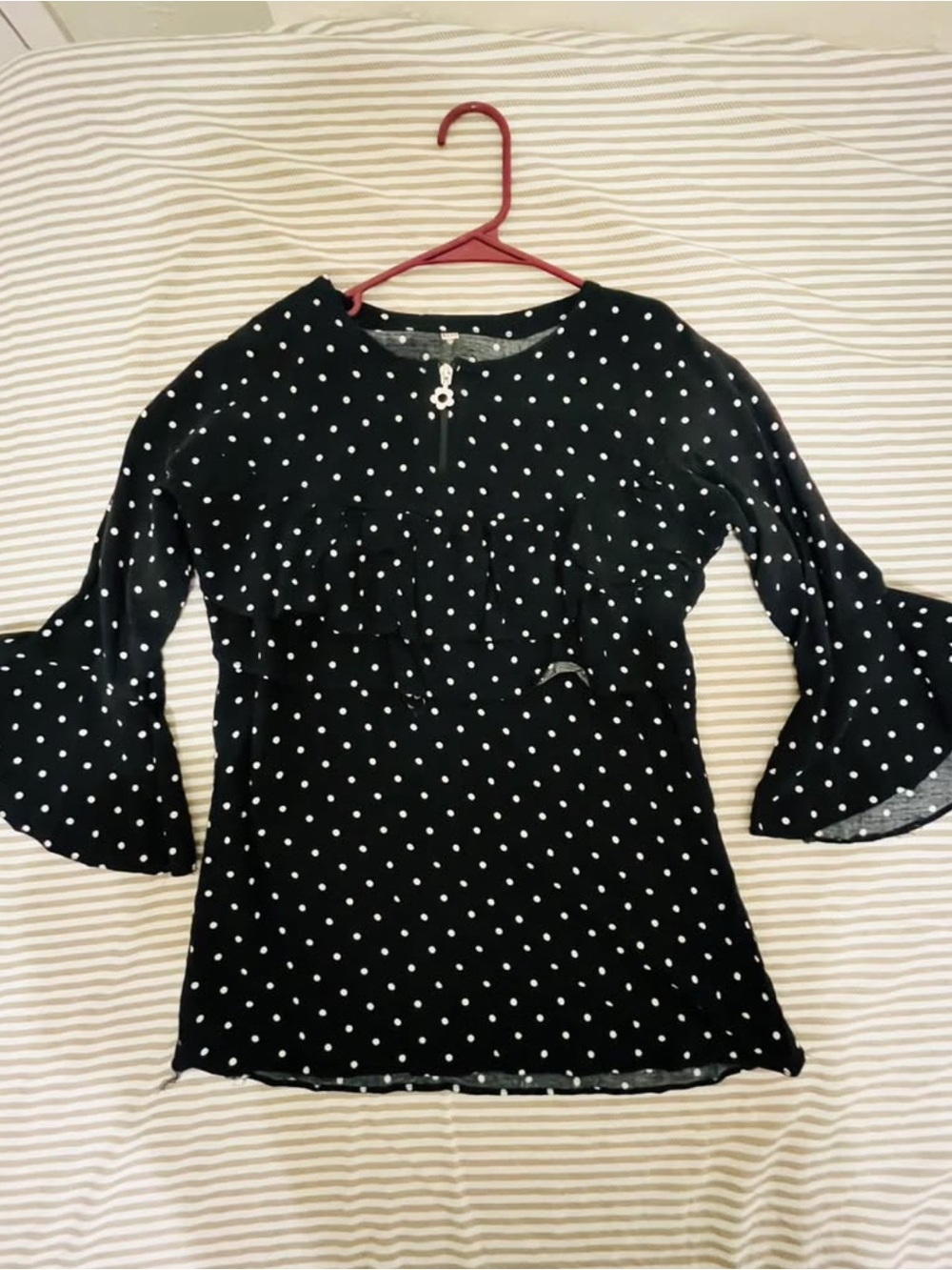 Black Polka Dot Ruffle-Sleeve Blouse